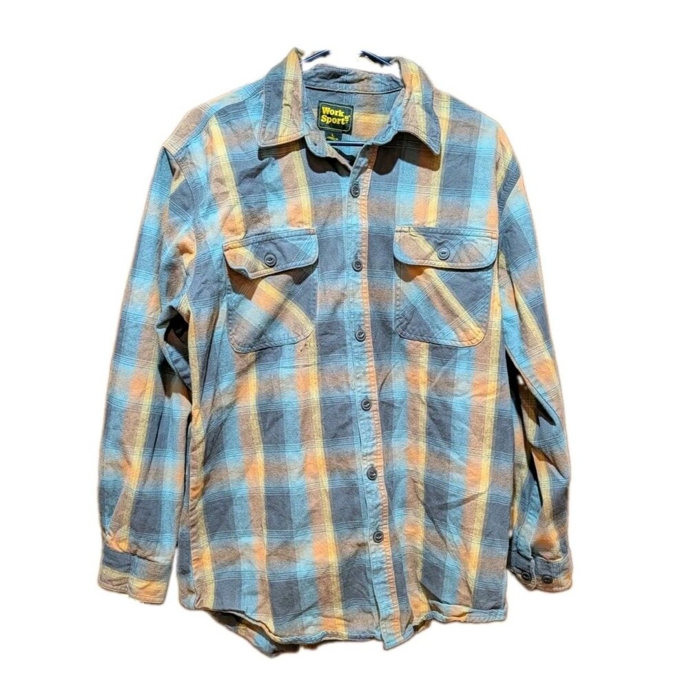 Men's Work n' Sport Cotton Plaid Flannel Long Sleeve Shirt Sz LG. Read Discip